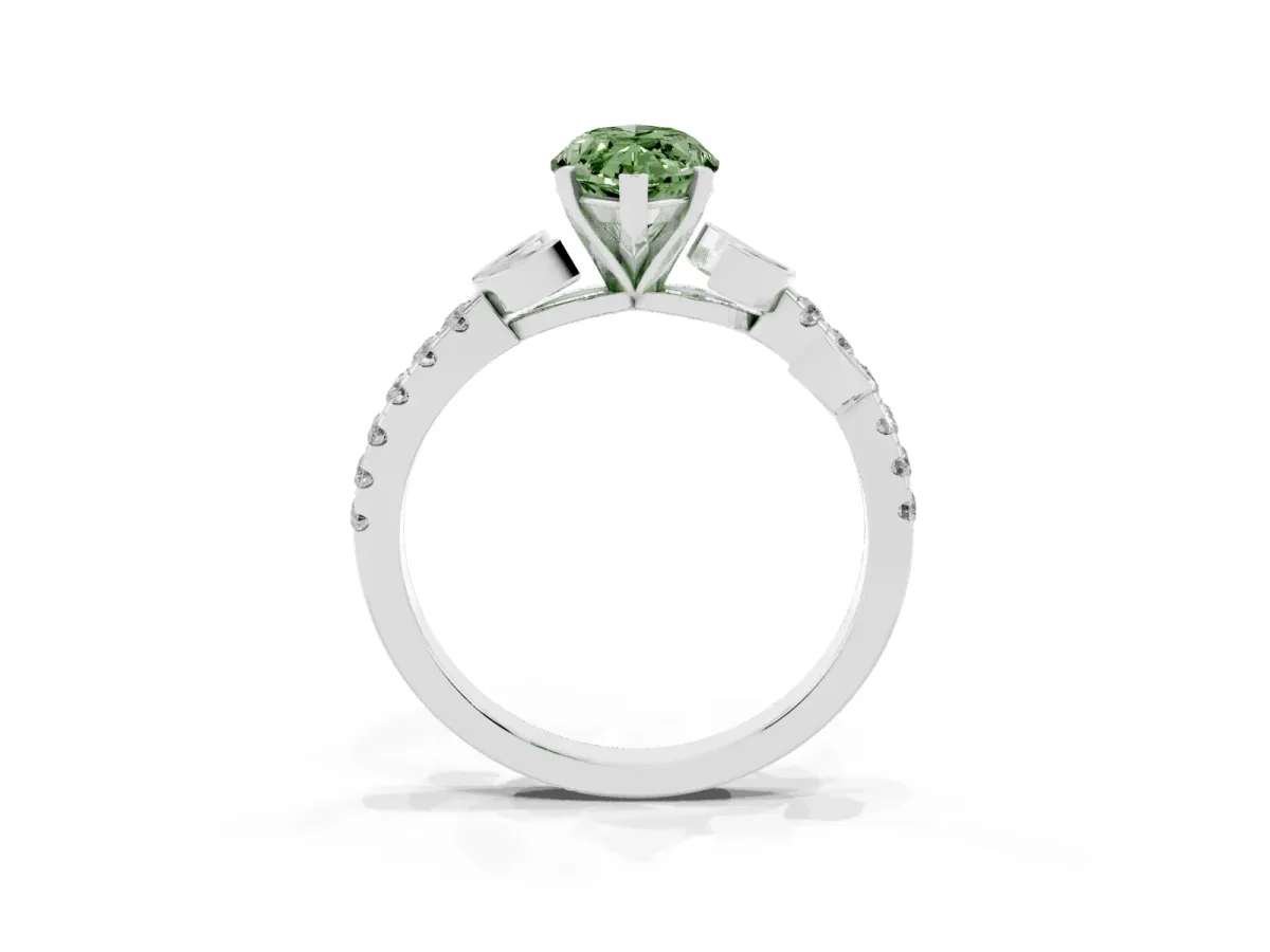 Fancy Green Marquise Cut Solitaire Leaf-Inspired Diamond Ring with Pavé Band and Four-Prong Setting Silver