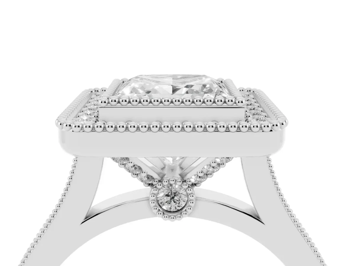 Princess Cut Diamond Halo Ring with Milgrain Frame and Pavé Band Platinum