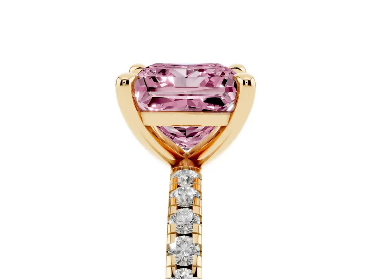 Fancy Pink Princess Cut Diamond Brilliant Solitaire Ring with Pavé Band and Four-Prong Setting Yellow gold