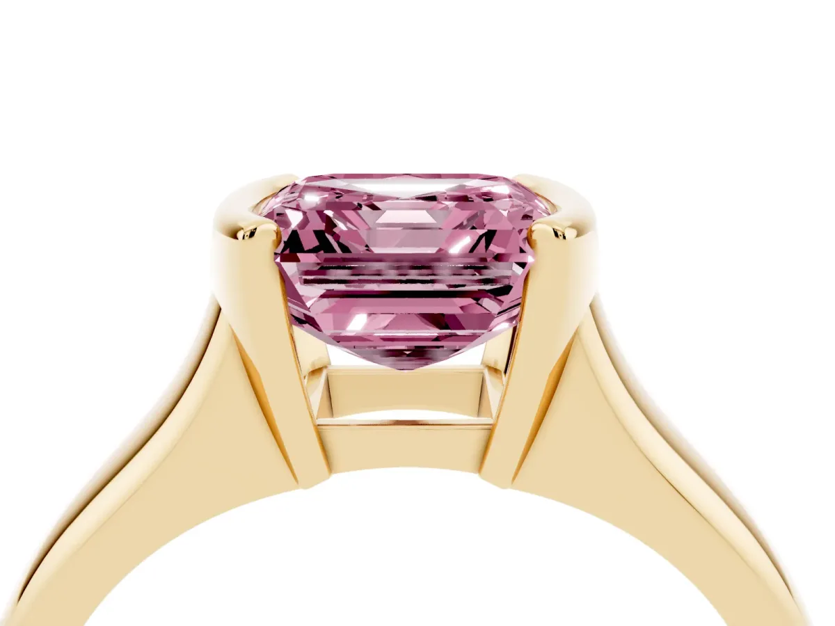 Fancy Pink Asscher Cut Solitaire Tension Set Diamond Ring with Split Shank Band Yellow gold