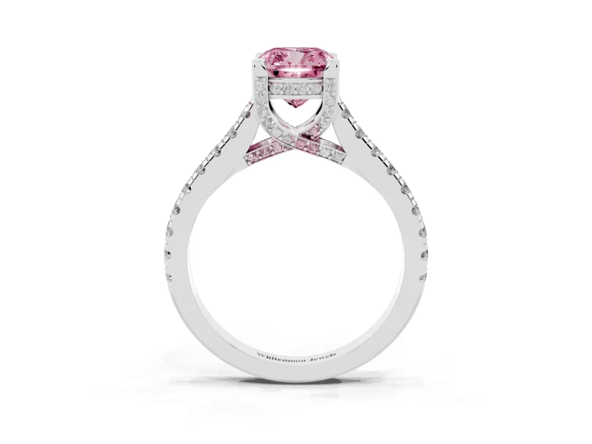 Fancy Pink Cushion Cut Brilliant Diamond Solitaire with Pavé Band and Four-Prong Setting White gold