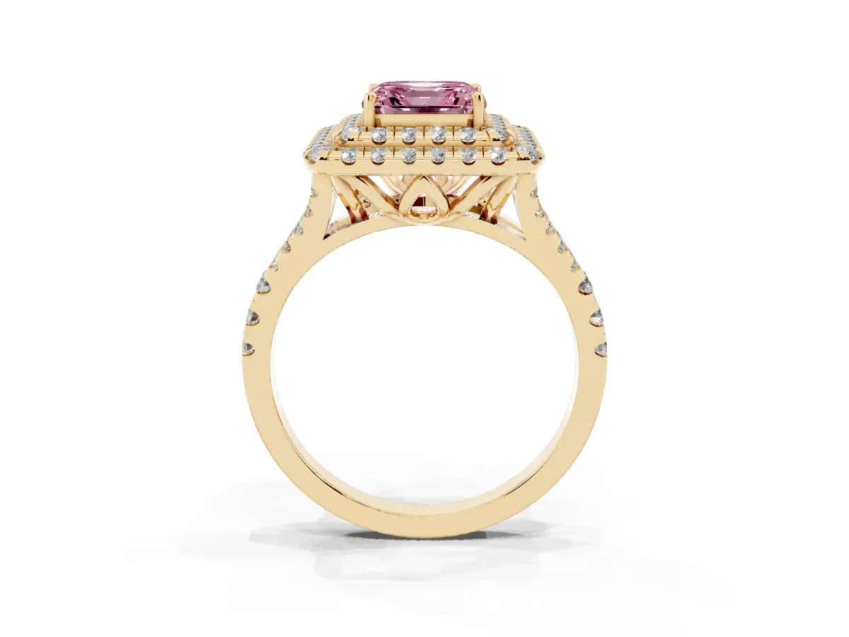 Fancy Pink Double Halo Asscher Cut Diamond Pavé Split Shank Ring with Prong Setting Yellow gold