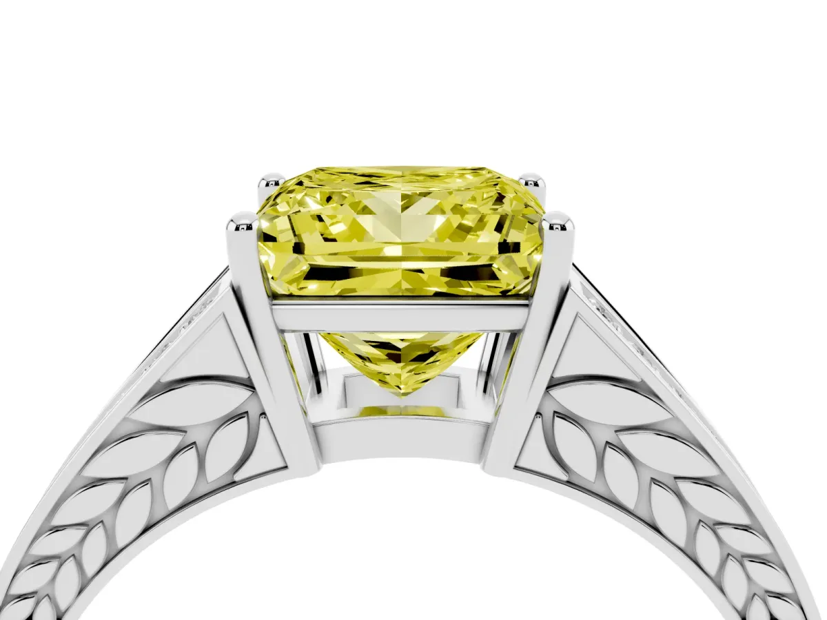 Fancy Yellow Princess Cut Diamond Split Shank Ring with Pavé Band and Four-Prong Setting White gold