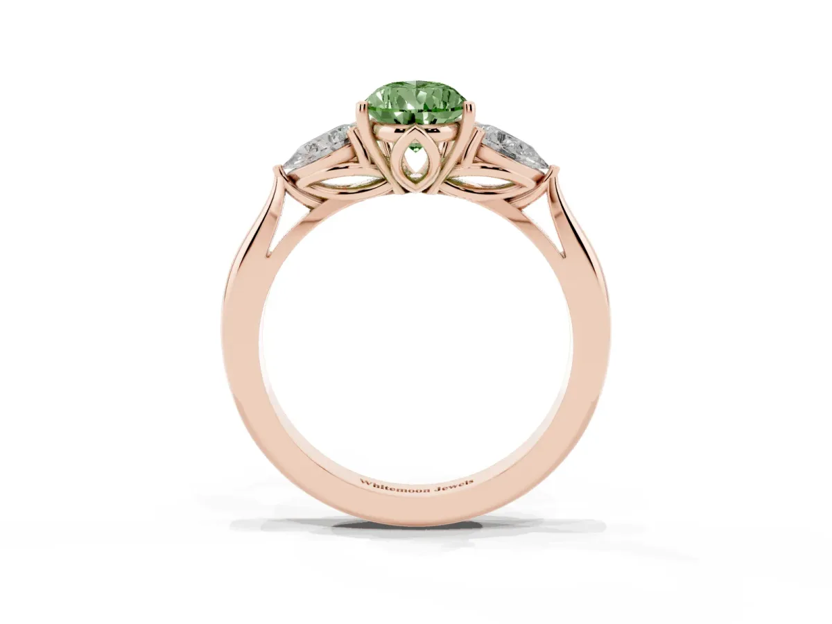 Fancy Green Three-Stone Pear Cut Brilliant Diamond Solitaire Ring with Tapered Band and Four-Prong Setting Rose gold