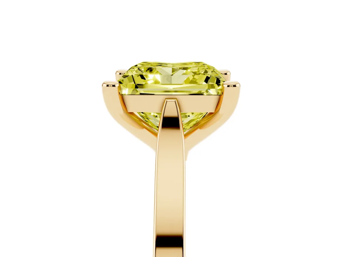 Fancy Yellow Princess Cut Solitaire Diamond Ring with Four-Prong Setting and Tapered Band Yellow gold