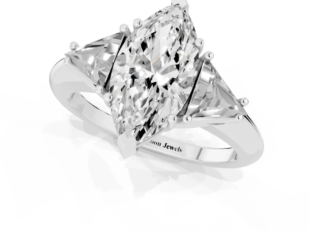 Three-Stone Marquise Cut Diamond Engagement Ring with Trillion Side Stones and Prong Setting Silver