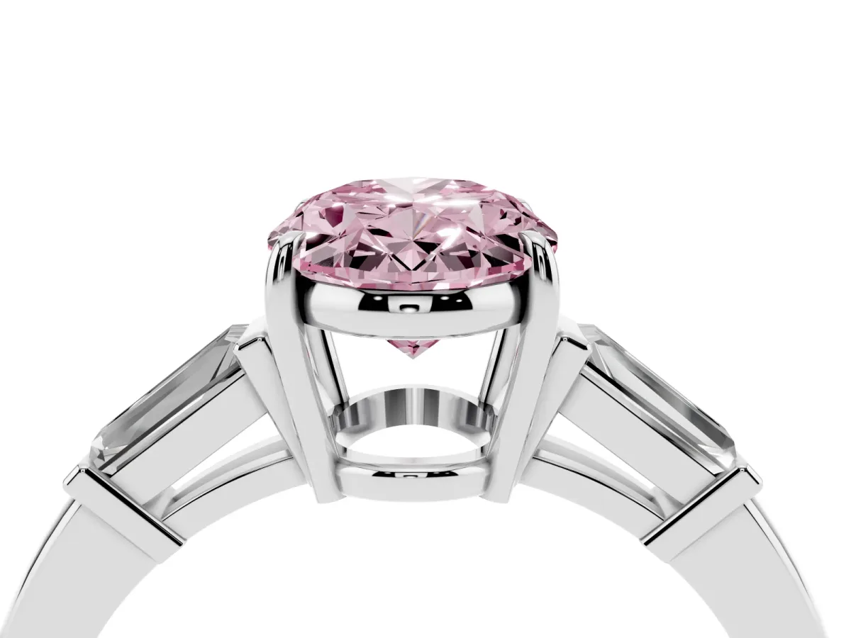Fancy Pink Oval Cut Diamond Three-Stone Ring with Tapered Baguette Side Stones and Prong Setting Platinum
