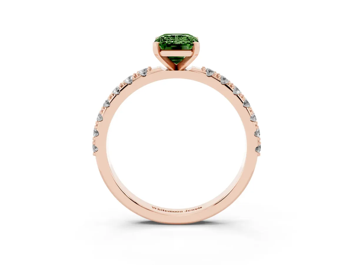 Fancy Green Emerald Cut Diamond Solitaire Pavé Band with Four-Prong Setting Rose gold