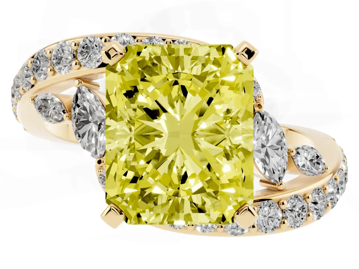 Fancy Yellow Radiant Cut Solitaire with Pavé Twist Band and Four-Prong Setting Yellow gold