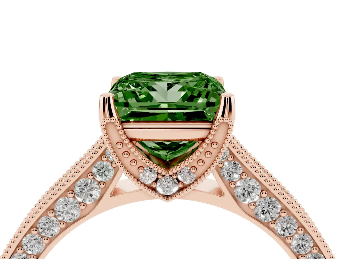 Fancy Green Princess Cut Cut Diamond Solitaire Ring with Milgrain Pave Band and Four Prong Setting Rose gold