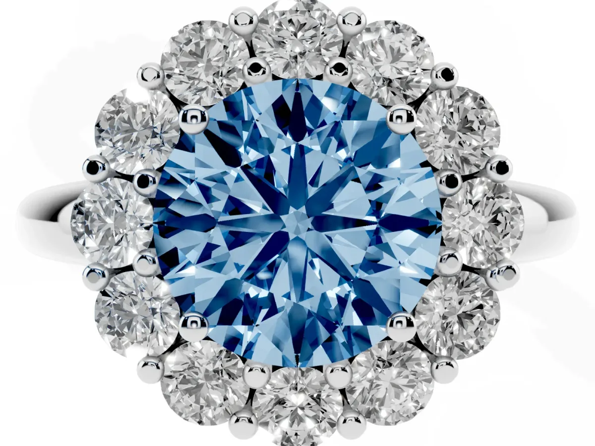 Fancy Blue Round Cut Halo Cluster Diamond Engagement Ring with Prong Setting and Polished Band Platinum