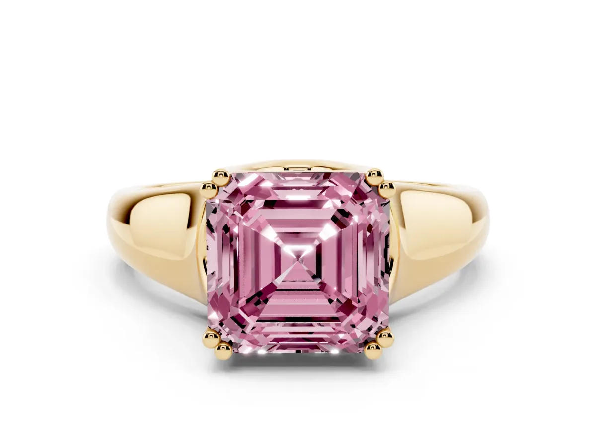 Fancy Pink Asscher Cut Diamond Solitaire Ring with Wide Band and Prong Setting Yellow gold