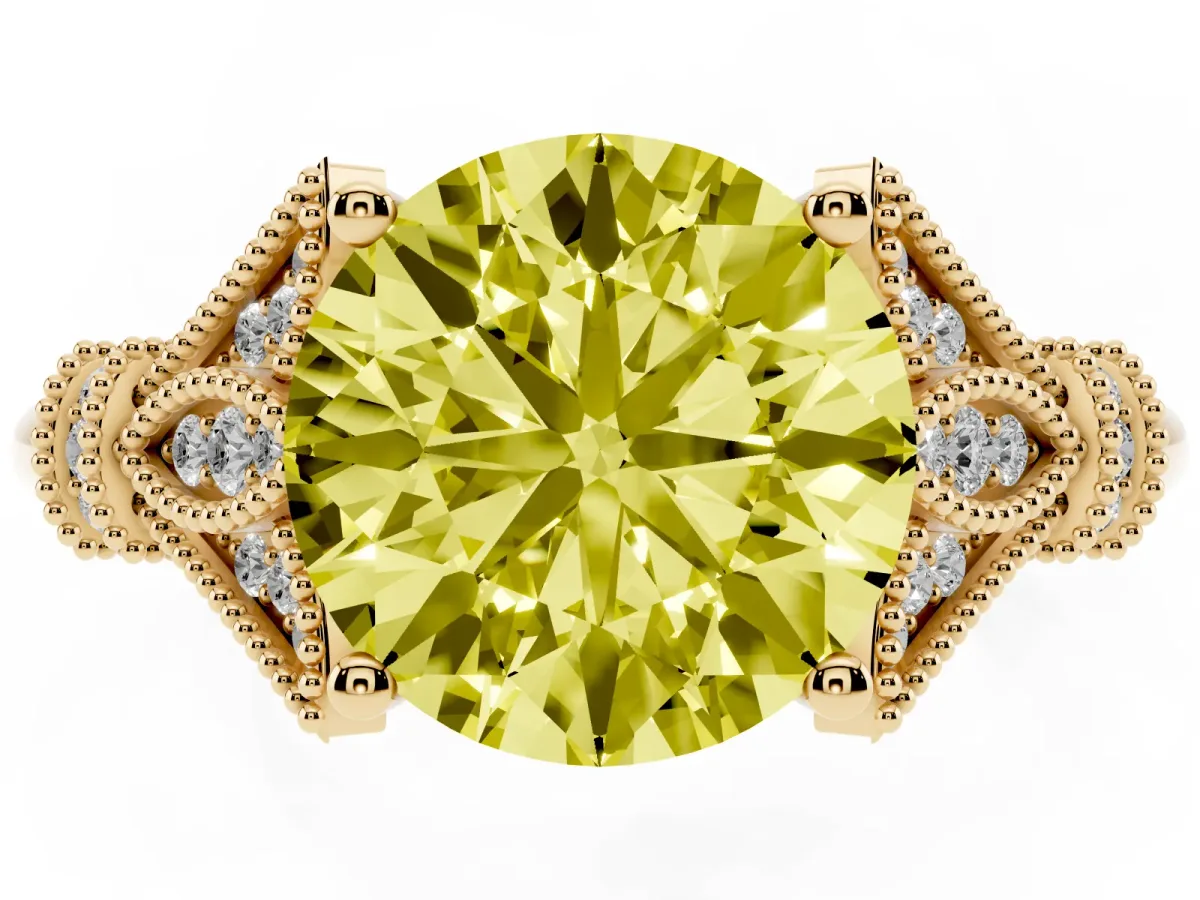 Fancy Yellow Round Cut Diamond Solitaire Ring with Floral Filigree and Pave Accents Yellow gold