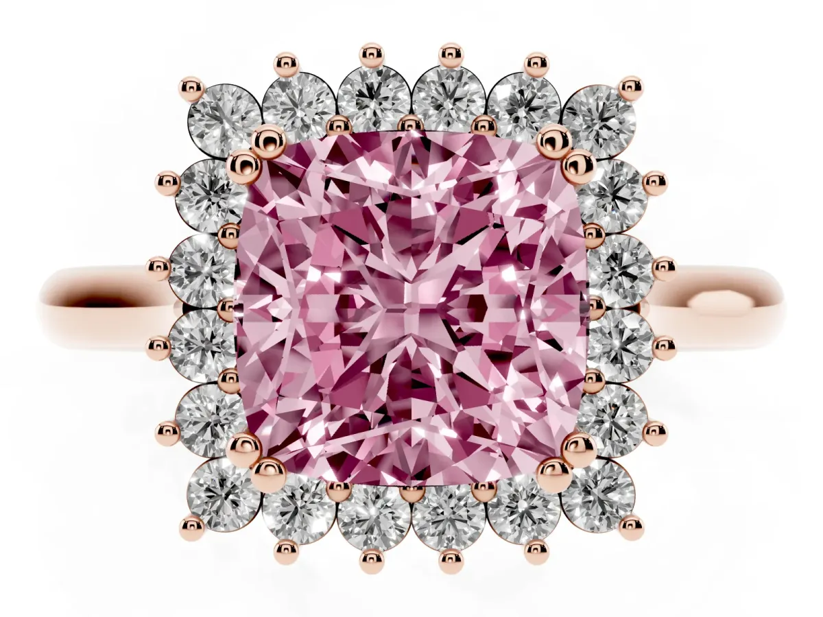Fancy Pink Cushion Cut Cut Diamond Halo Ring with Solitaire Band and Prong Setting Rose gold