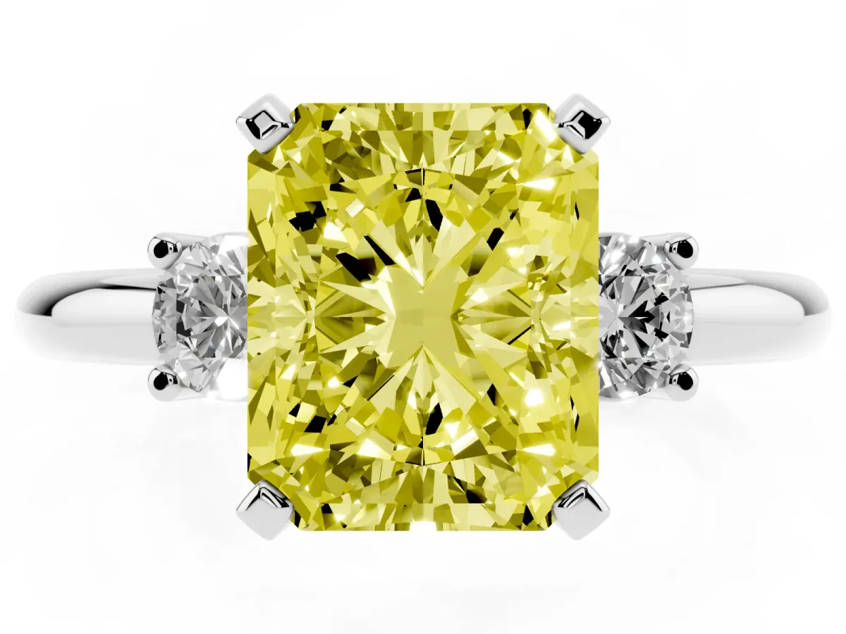 Fancy Yellow Three-Stone Radiant Cut Cut Diamond Solitaire with Prong Setting and Classic Band Silver