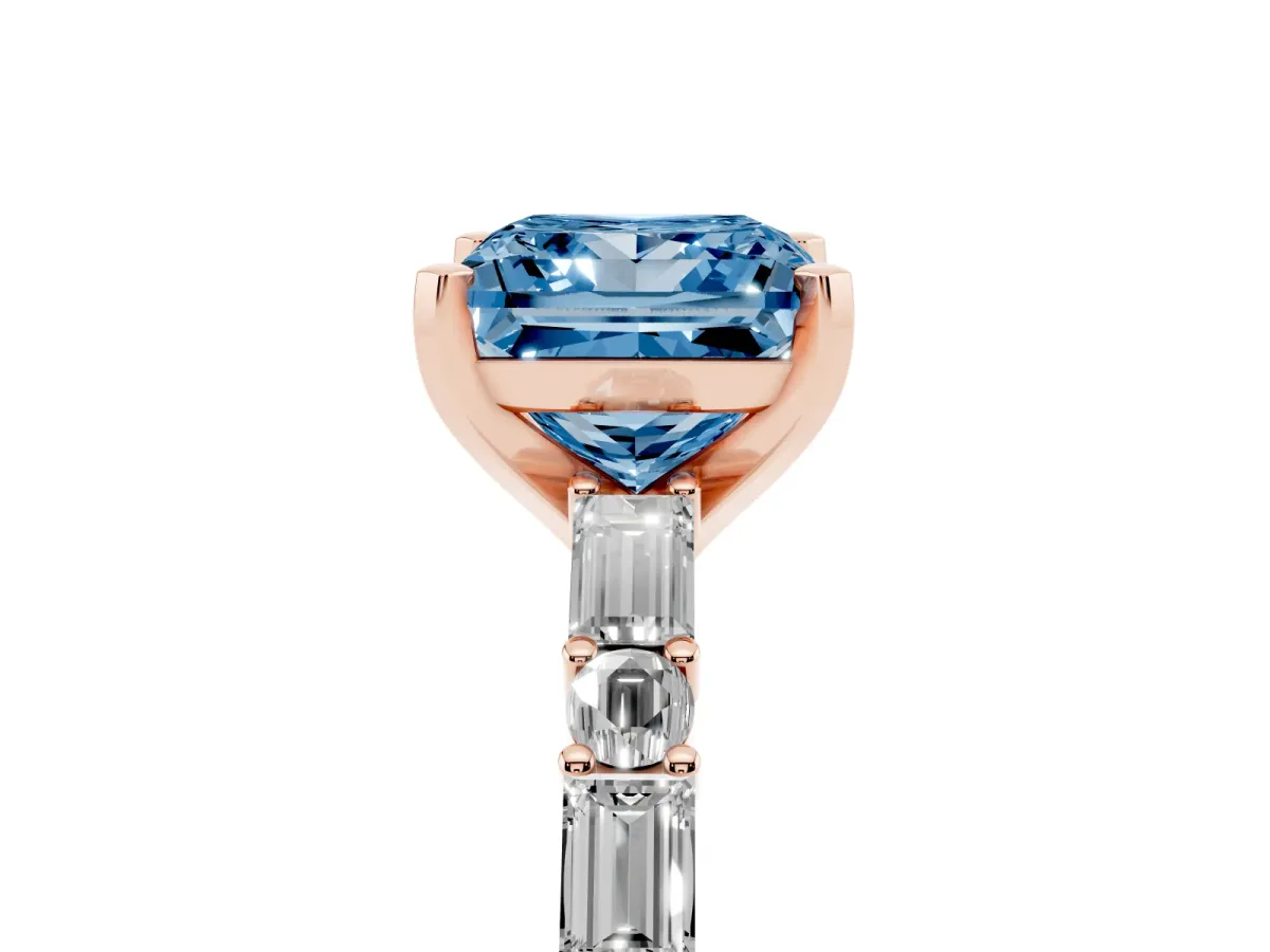 Fancy Blue Princess Cut Diamond Solitaire with Side Baguettes and Channel Set Band Rose gold
