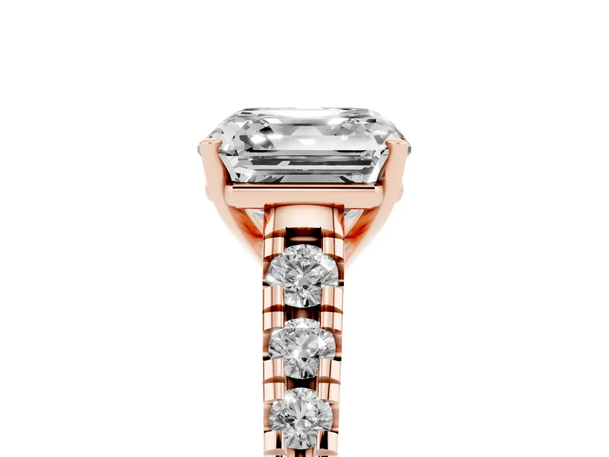 Asscher Cut Diamond Cathedral Solitaire Ring with Round Pavé Band Rose gold