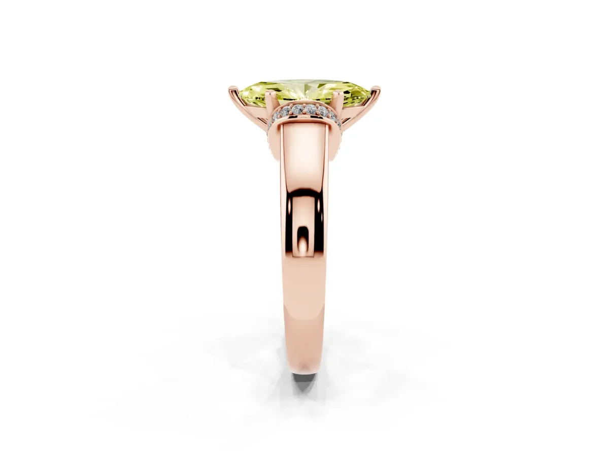 Fancy Yellow Marquise Cut Solitaire Diamond Ring with Pave Band and Six-Prong Setting Rose gold