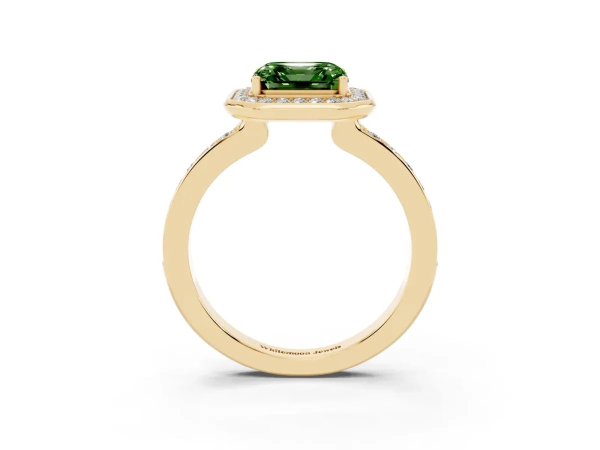 Fancy Green Asscher Cut Diamond Halo Ring with Bezel Frame and Pavé Band Yellow gold