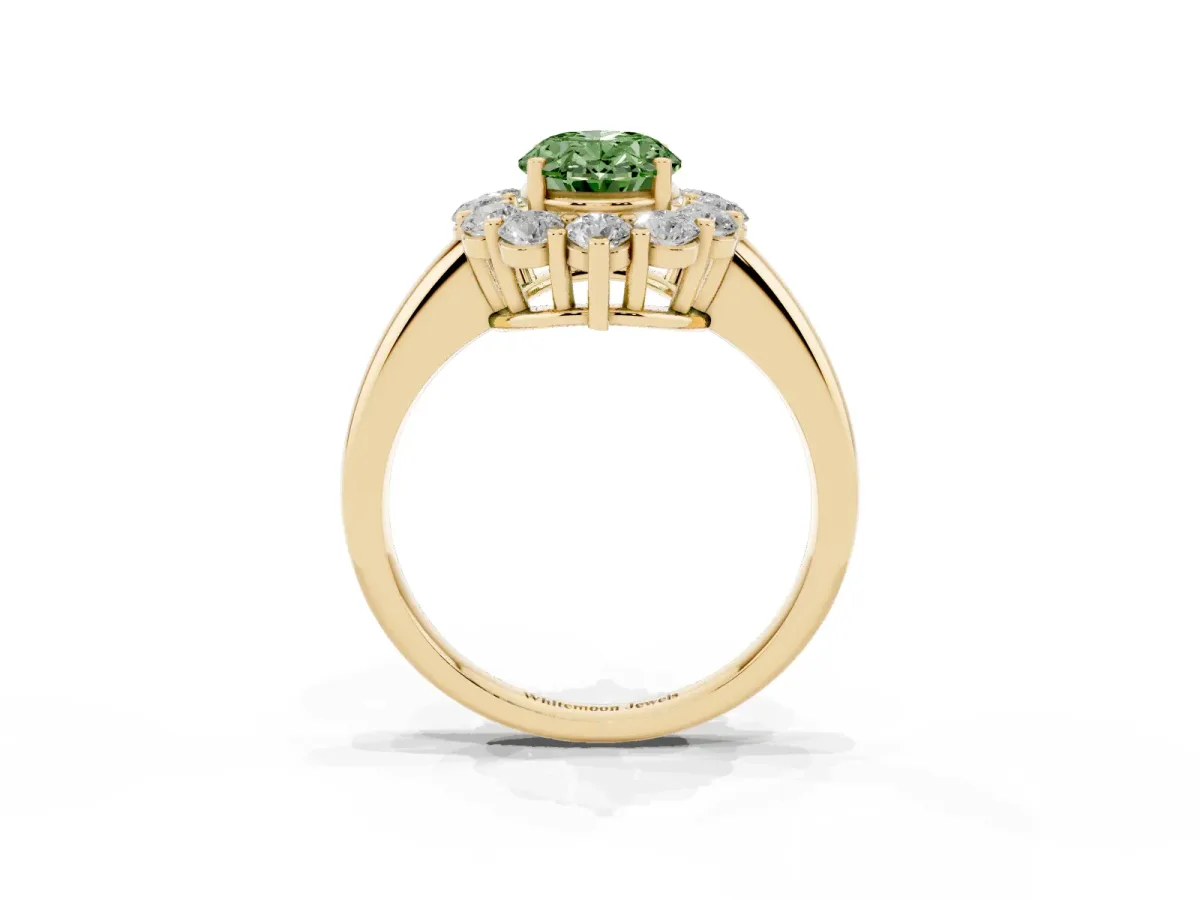 Fancy Green Oval Cut Halo Cluster Diamond Engagement Ring with Prong Setting and Polished Band Yellow gold