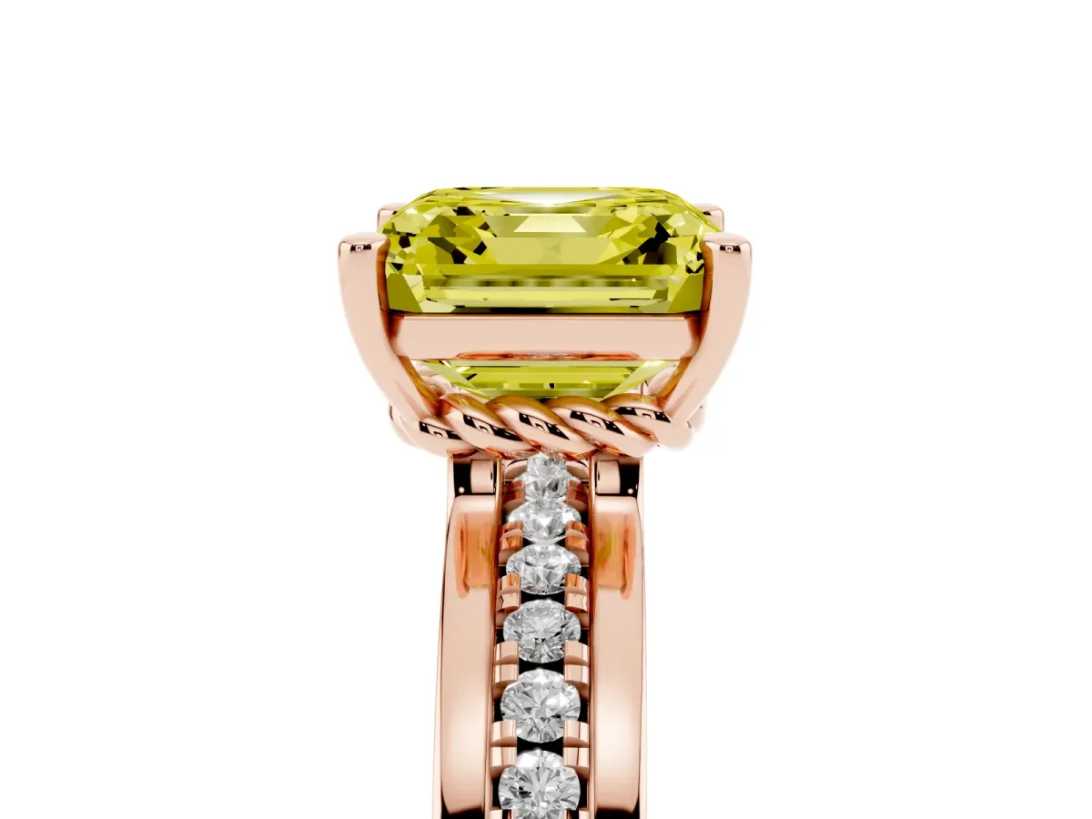 Fancy Yellow Asscher Cut Solitaire Diamond Ring with Channel Set Band and Six-Prong Setting Rose gold