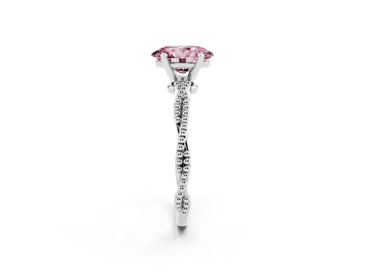 Fancy Pink Oval Cut Solitaire Twisted Band with Bead Prong Setting Silver