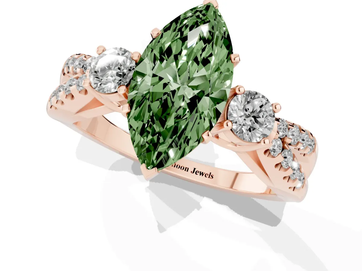 Fancy Green Marquise Cut Diamond Three-Stone Ring with Pavé Split Shank and Four-Prong Setting Rose gold