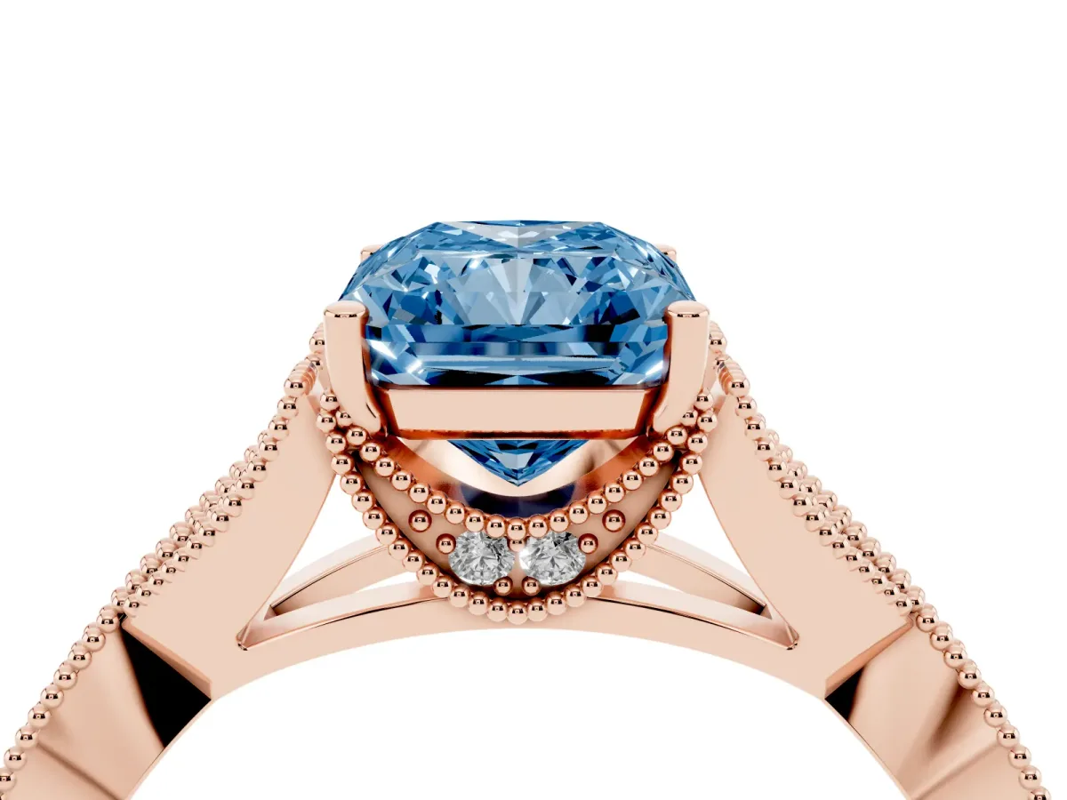 Fancy Blue Radiant Cut Cut Diamond Twisted Band with Milgrain Pave Setting and Four-Prong Setting Rose gold