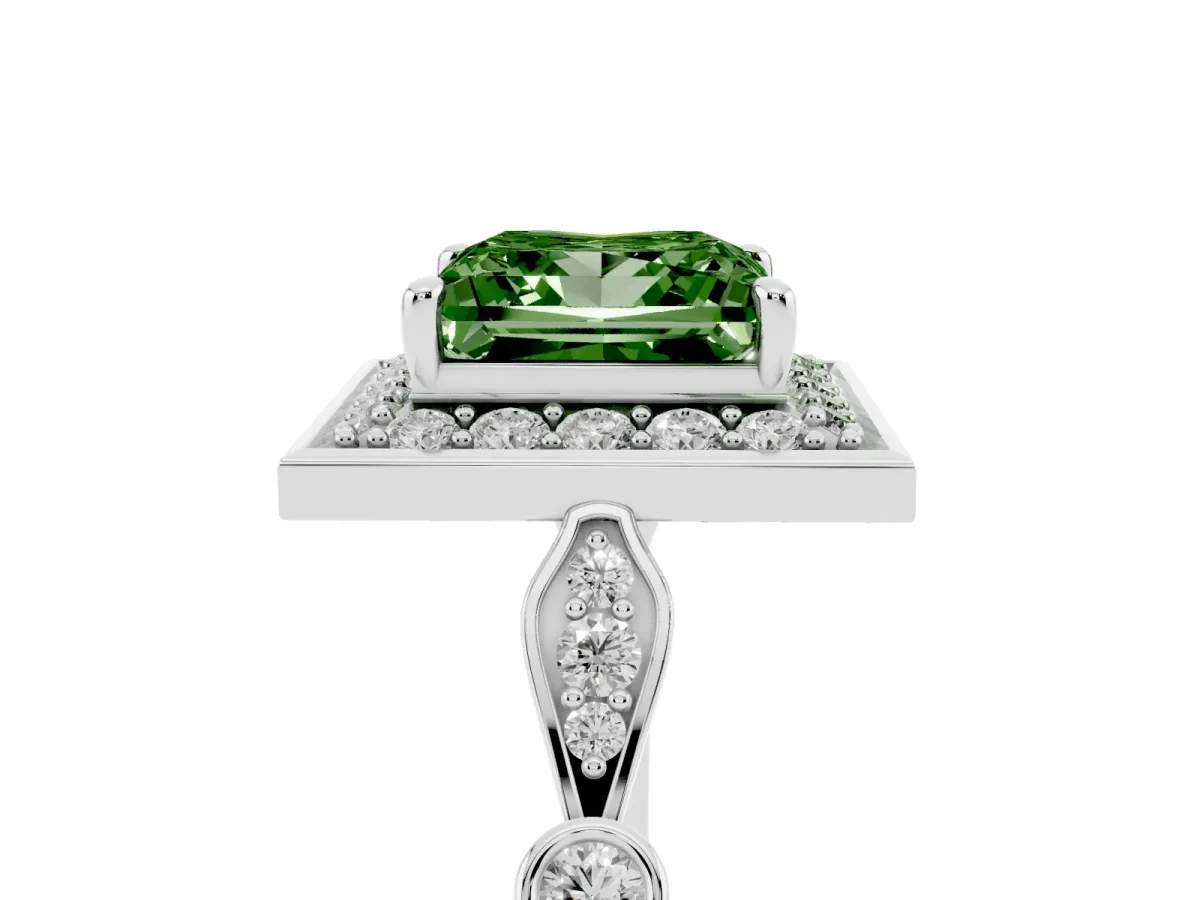 Fancy Green Princess Cut Halo Diamond Engagement Ring with Twisted Band and Four-Prong Setting White gold