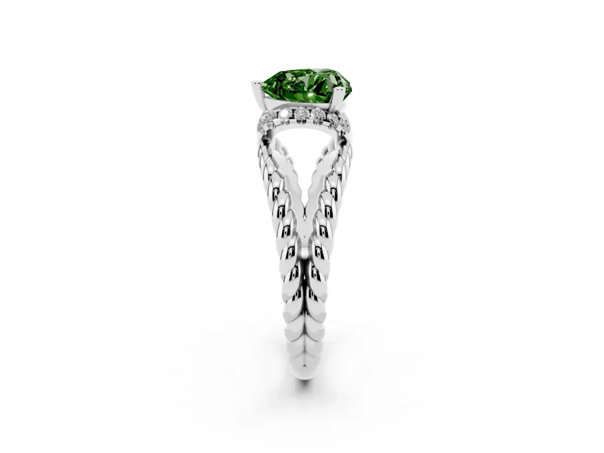 Fancy Green Heart Cut Halo Twisted Band Four-Prong Ring Silver