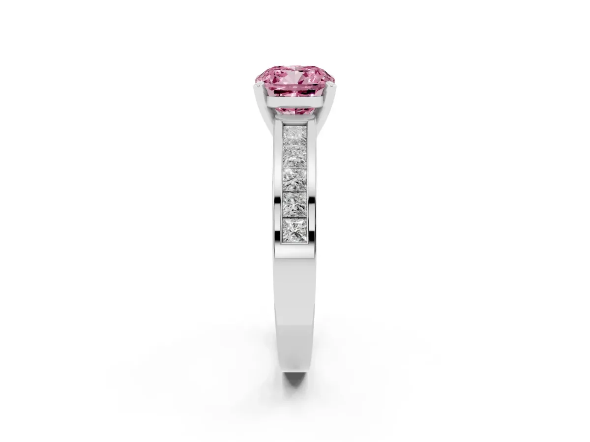 Fancy Pink Cushion Cut Solitaire Diamond Ring with Channel-Set Band and Four-Prong Setting Silver