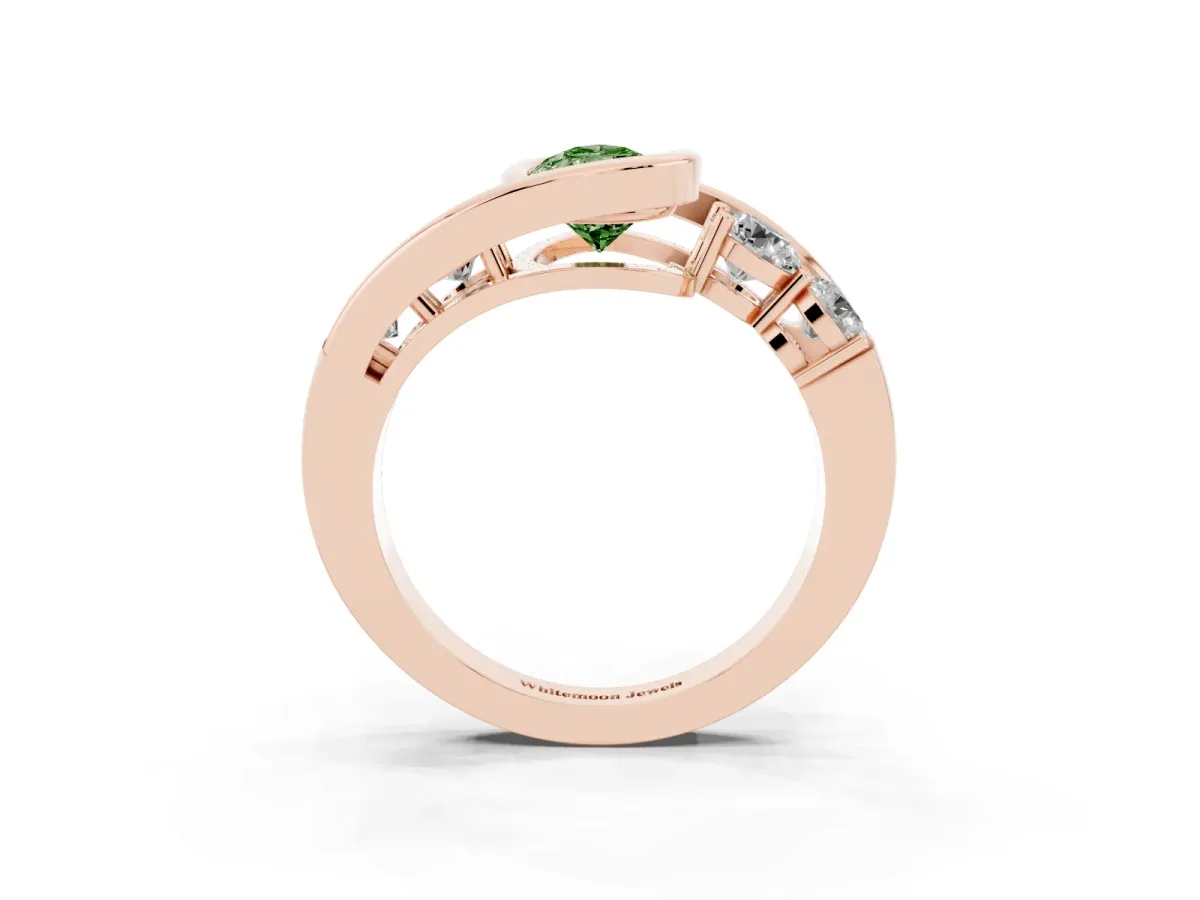 Fancy Green Bezel Set Pear Cut Diamond Bypass Ring with Round Accents Rose gold