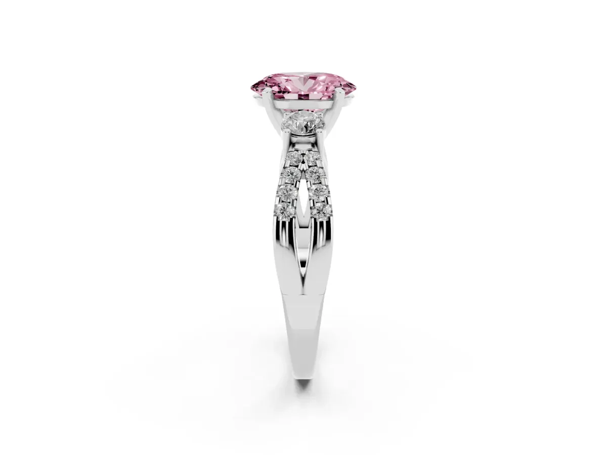 Fancy Pink Oval Cut Diamond Three-Stone Ring with Pavé Split Shank and Four-Prong Setting Silver