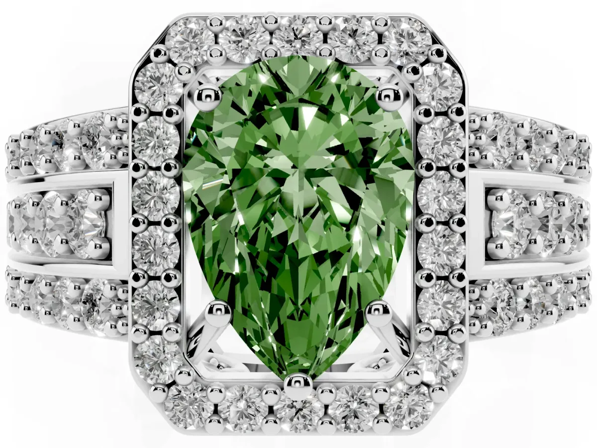 Fancy Green Pear Cut Halo Diamond Ring with Round Split Shank and Prong Setting Platinum