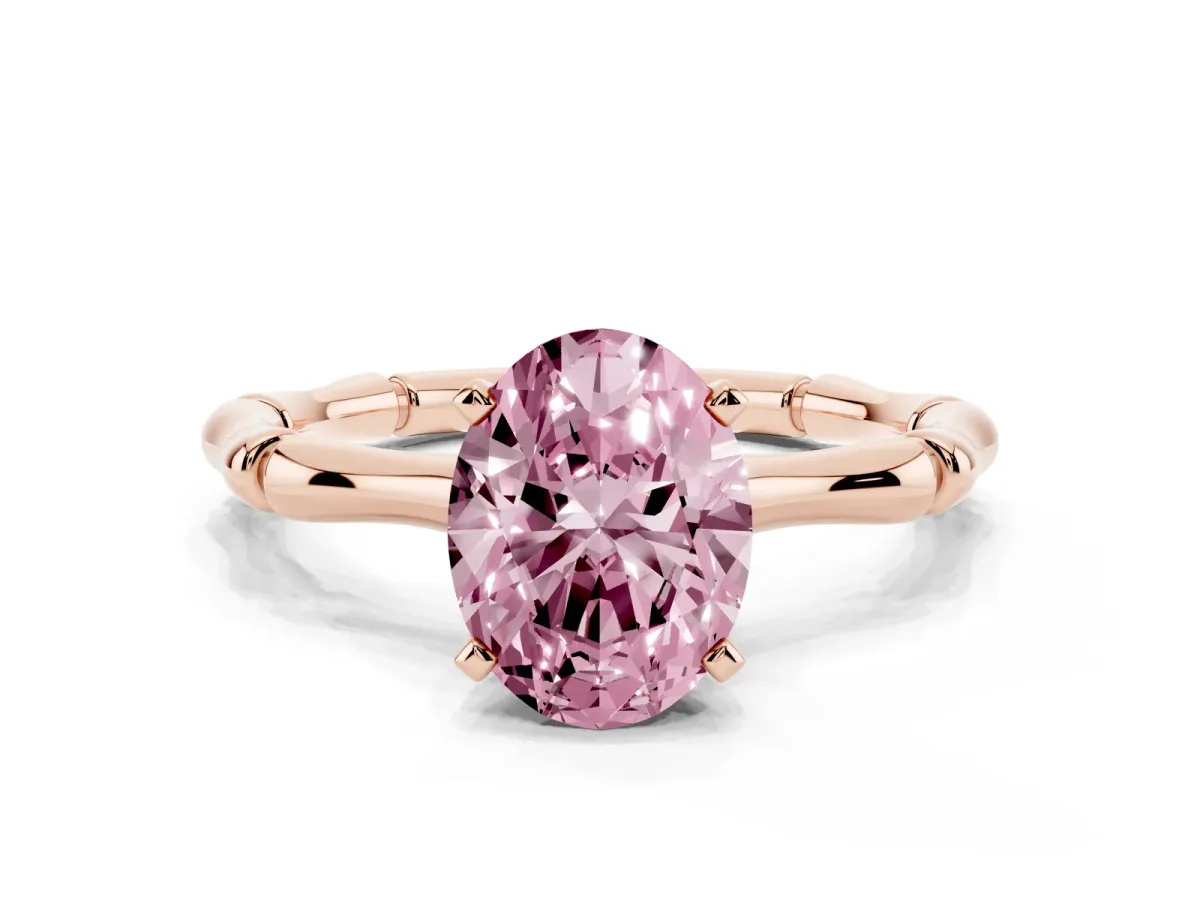 Fancy Pink Oval Cut Solitaire Diamond Ring with Bamboo Band and Four-Prong Setting Rose gold