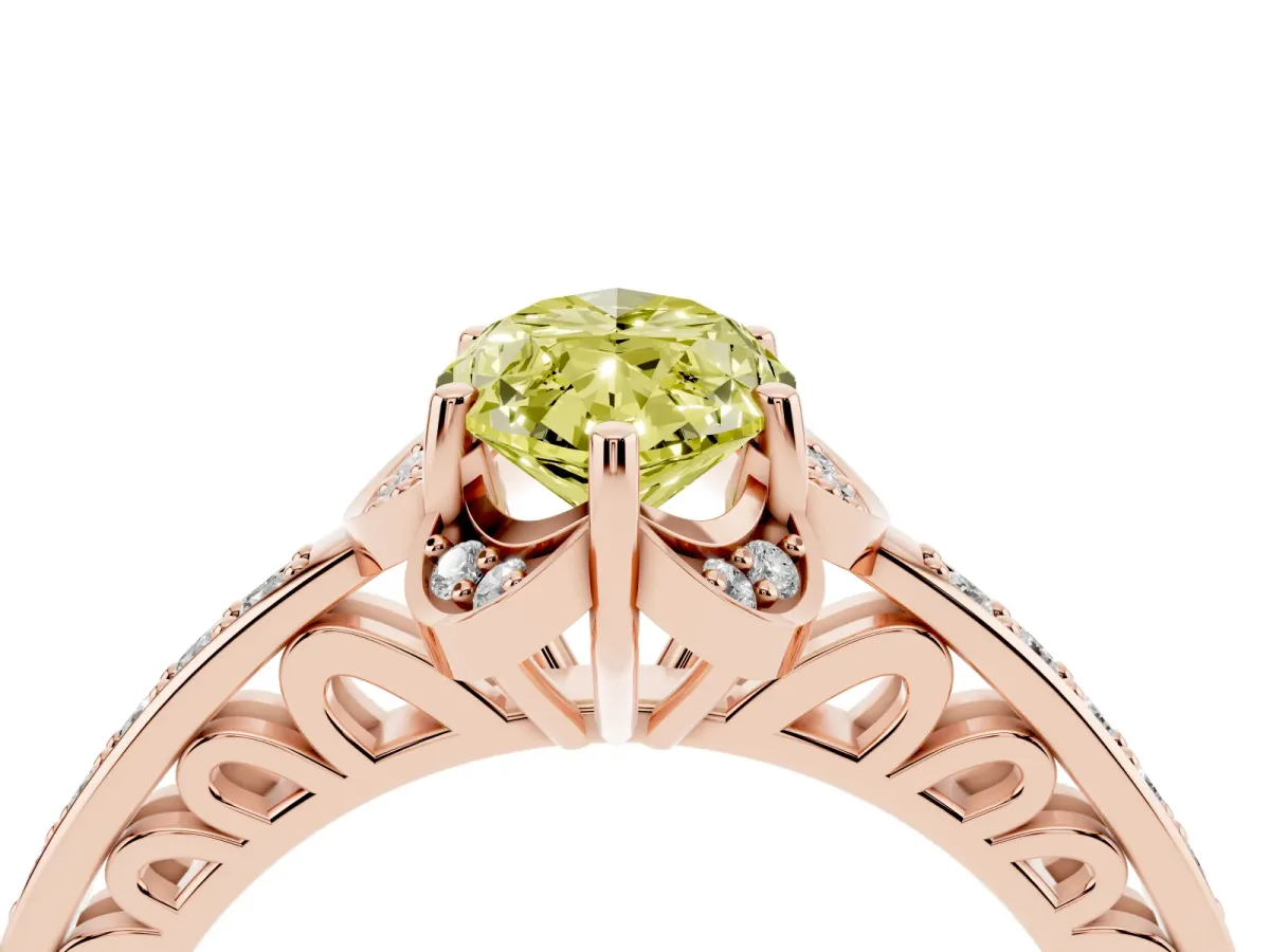 Fancy Yellow Marquise Cut Cut Halo Diamond Ring with Channel Set Band and Four-Prong Setting Rose gold