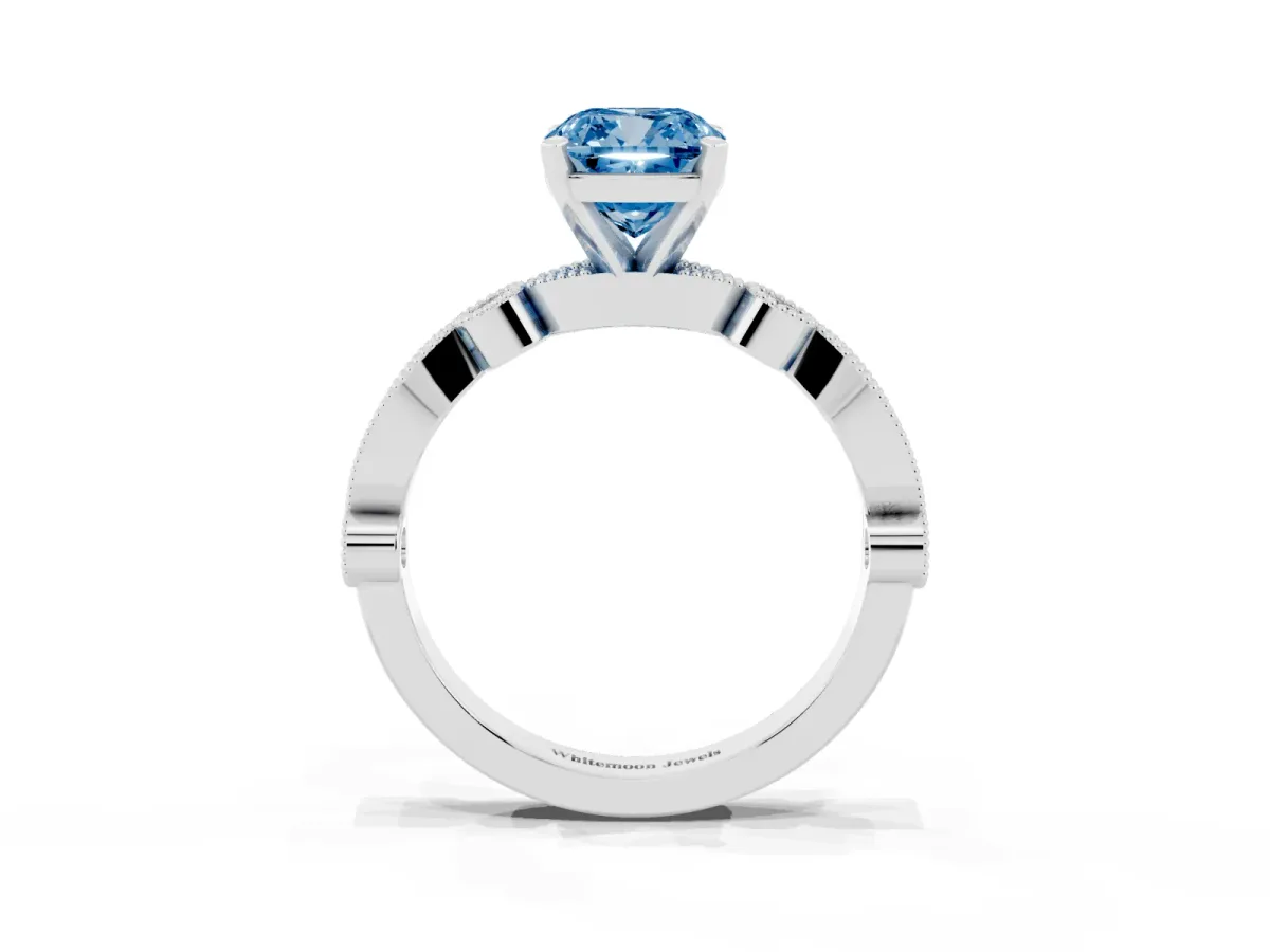 Fancy Blue Cushion Cut Milgrain Bezel Diamond Engagement Ring with Solitaire Prong Setting Platinum