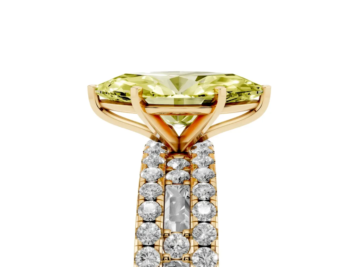 Fancy Yellow Marquise Cut Diamond Solitaire Ring with Pavé and Channel Set Band Yellow gold