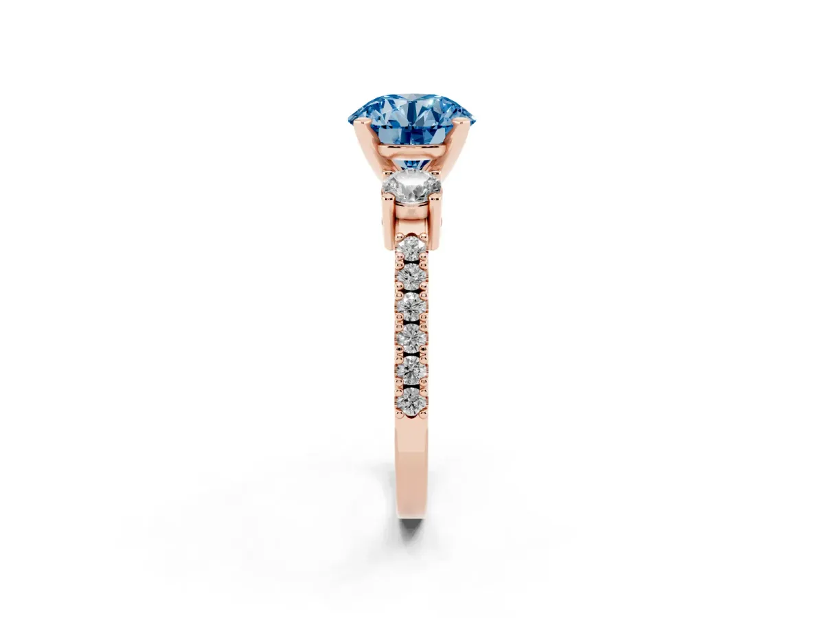 Fancy Blue Round Cut Three-Stone Diamond Pavé Band with Prong Setting Rose gold