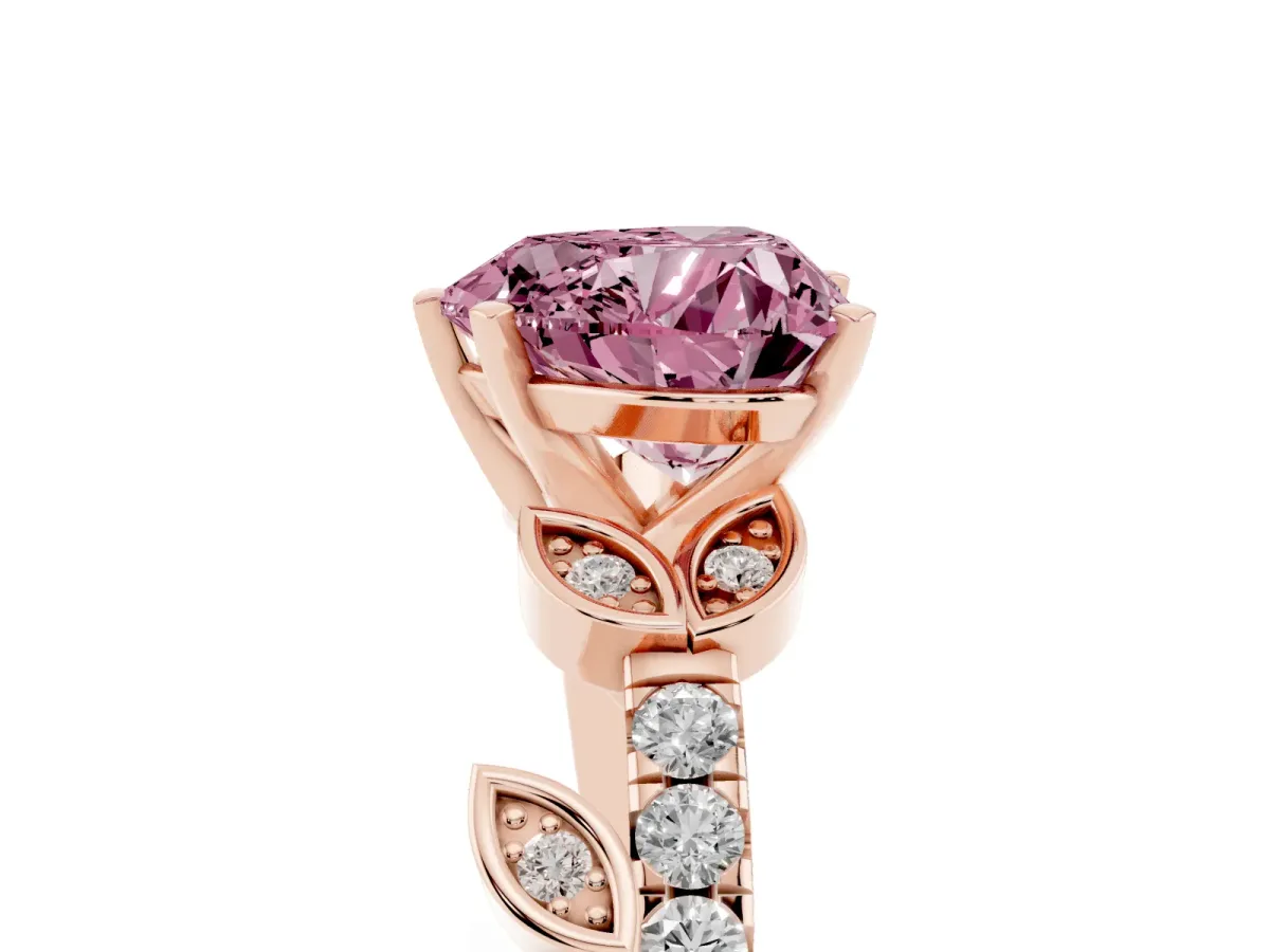 Fancy Pink Heart Cut Solitaire Leaf-Inspired Diamond Ring with Pavé Band and Four-Prong Setting Rose gold