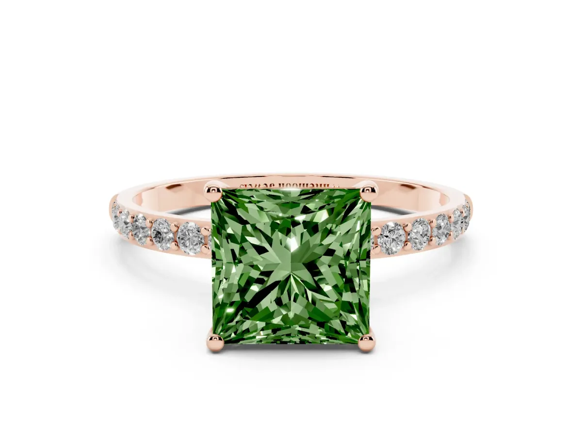 Fancy Green Princess Cut Diamond Solitaire Ring with Round Pavé Shoulders and Prong Setting Rose gold