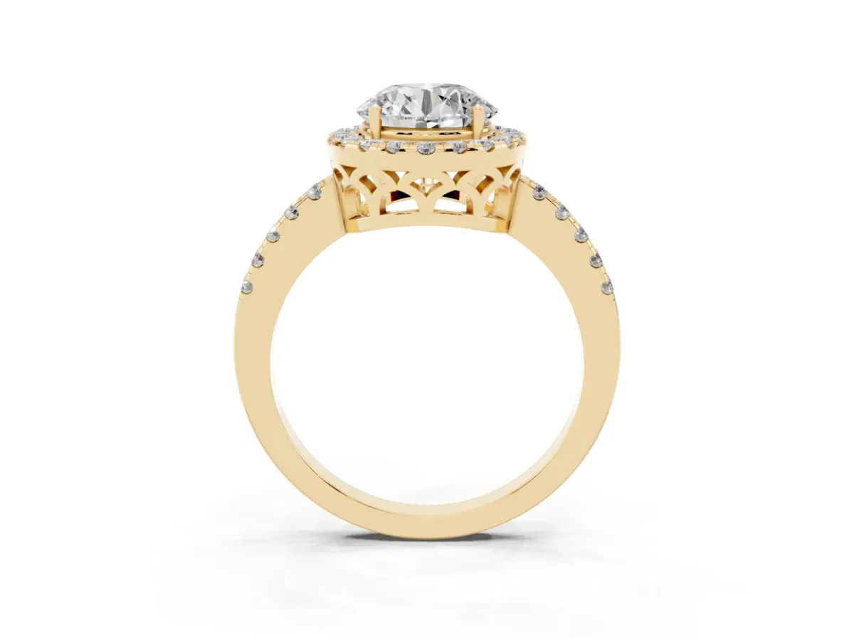Round Cut Halo Diamond Engagement Ring with Pavé Band and Four-Prong Setting Yellow gold