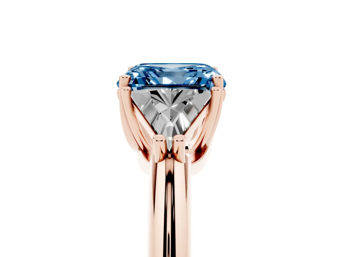 Fancy Blue Three-Stone Asscher Cut Diamond Engagement Ring with Trillion Side Stones and Prong Setting Rose gold