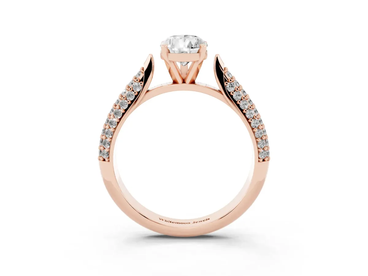 Pear Cut Diamond Solitaire Engagement Ring with Multi-Row Round Pavé Band and Prong Setting Rose gold