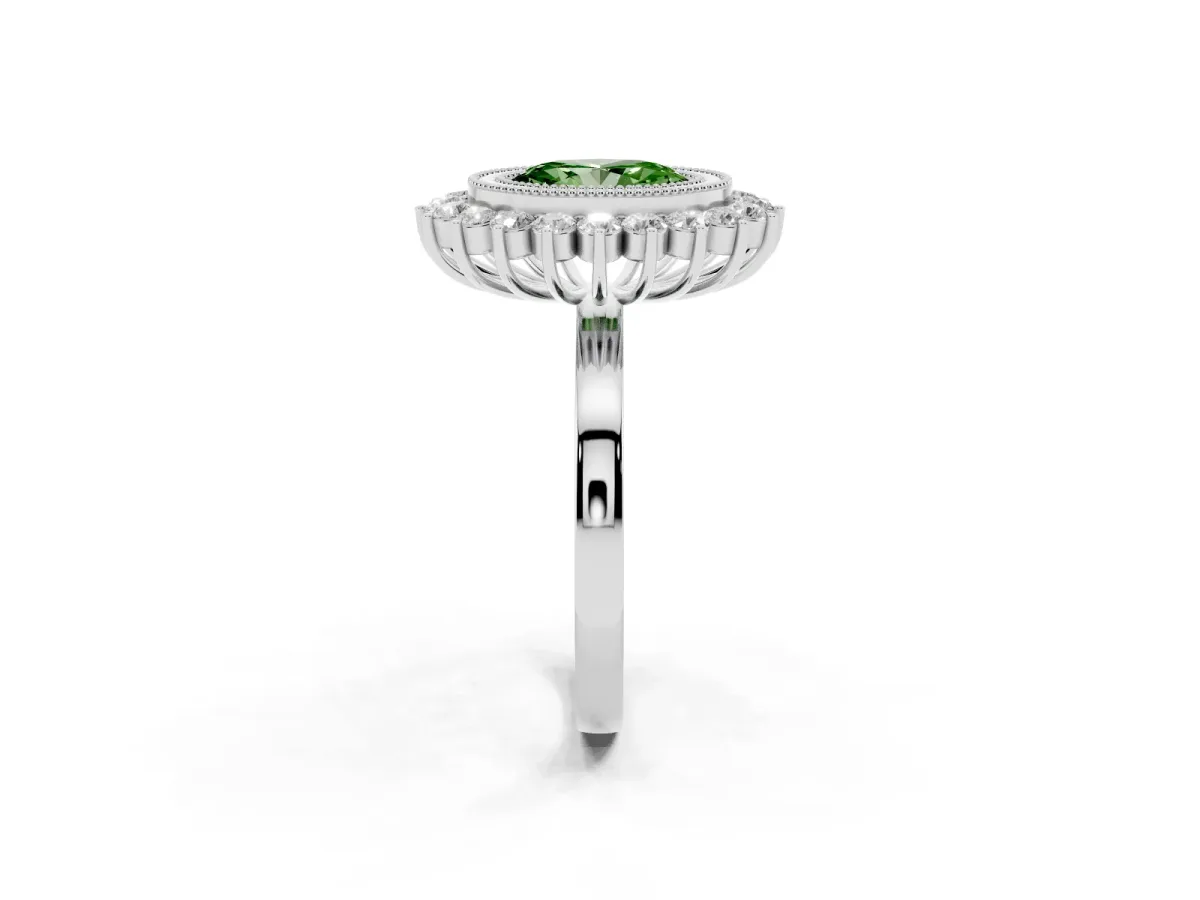 Fancy Green Oval Cut Halo Diamond Ring with Milgrain Edge and Round Prong Setting Silver