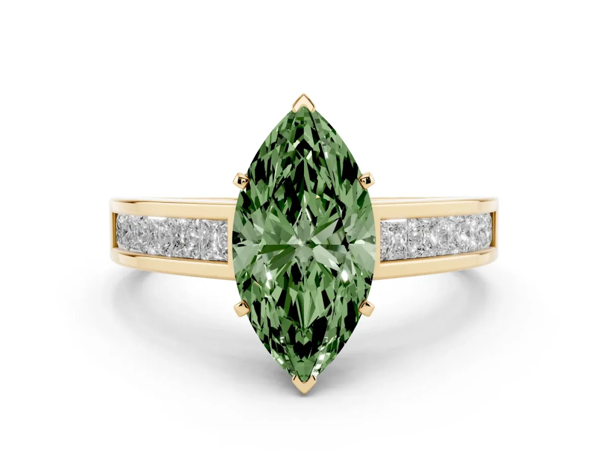 Fancy Green Marquise Cut Solitaire Diamond Ring with Channel-Set Band and Four-Prong Setting Yellow gold