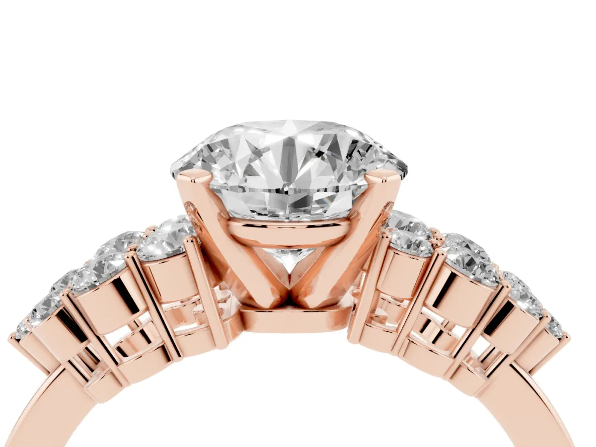 Round Cut Cluster Diamond Engagement Ring with Pavé Band and Four-Prong Setting Rose gold