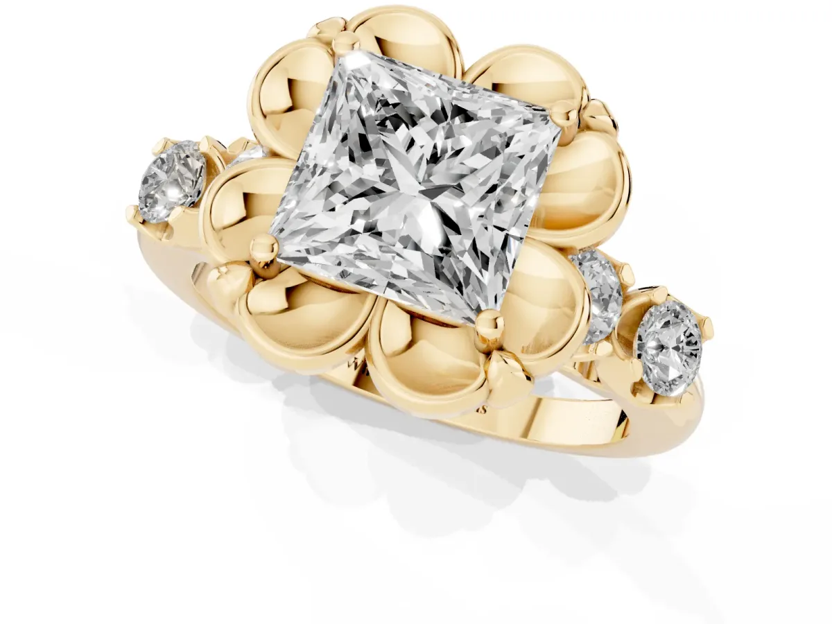 Princess Cut Cut Diamond Floral Halo Engagement Ring with Shared Prong Setting Yellow gold