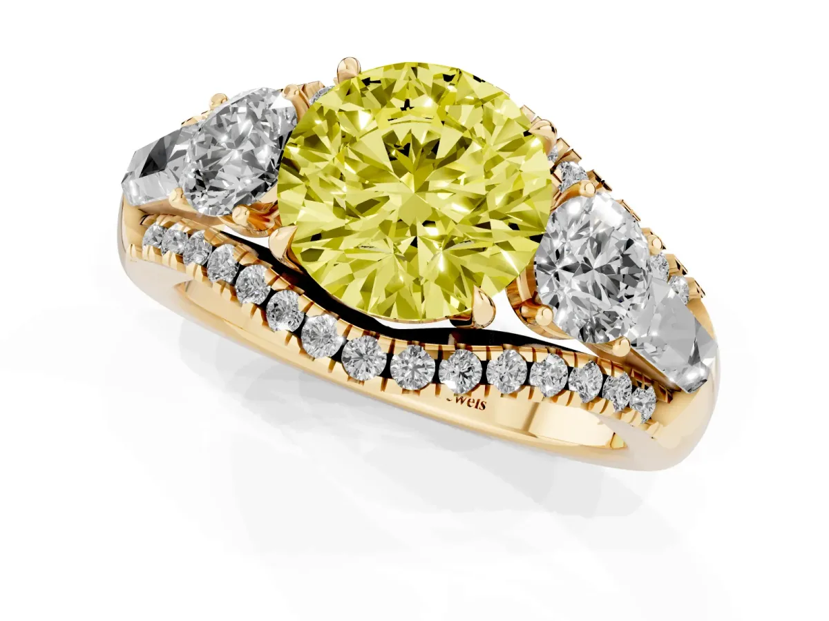 Fancy Yellow Three-Stone Round Cut Diamond Engagement Ring with Pave Band and Prong Setting Yellow gold