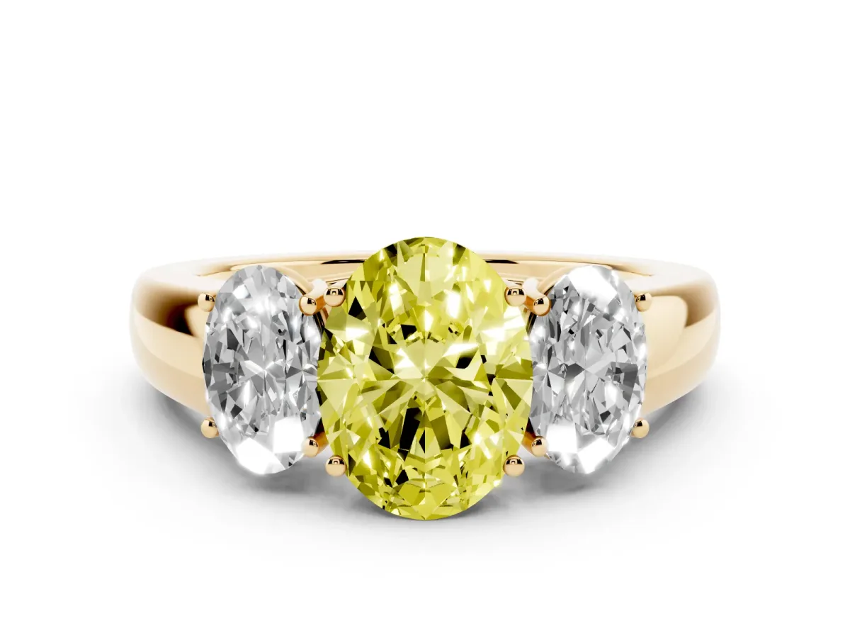 Fancy Yellow Three-Stone Oval Cut Cut Diamond Ring with Prong Setting and Classic Band Yellow gold